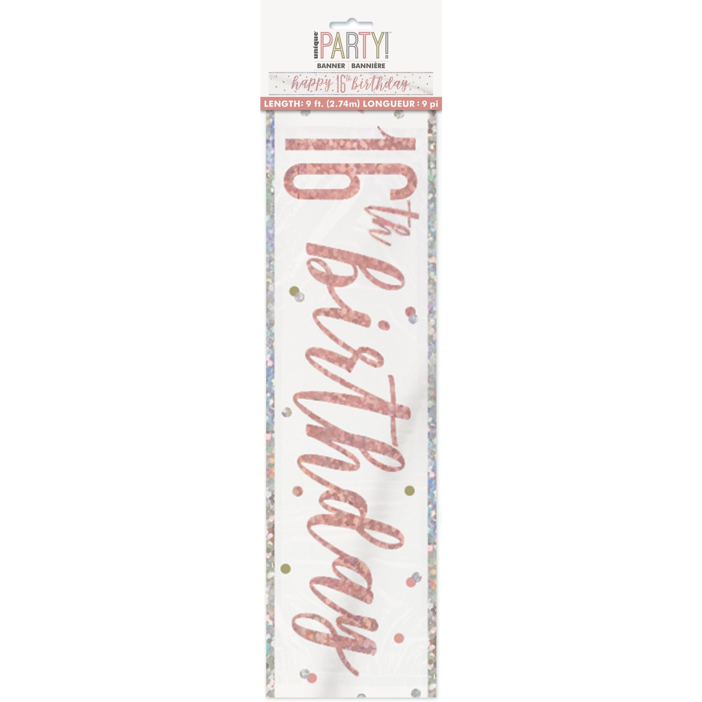 1 9' Glitz Rose Gold Foil Banner "Happy 16th Birthday"