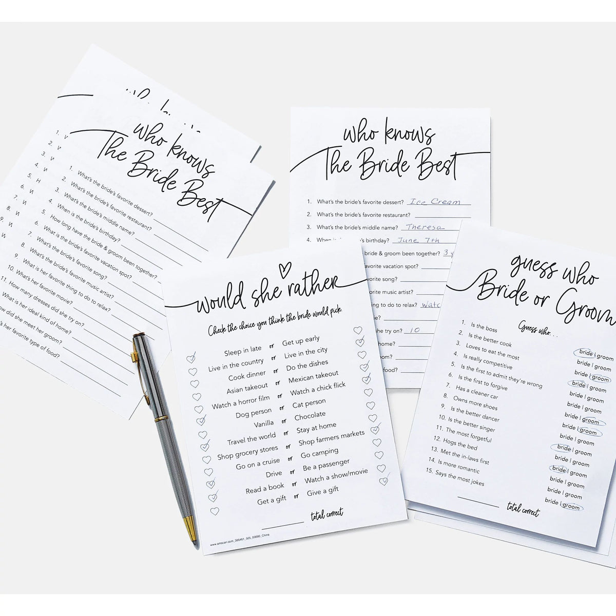 Bridal Shower Games, Including 3 Games: Who Knows the Bride Best, Would She Rather & Bride or Groom