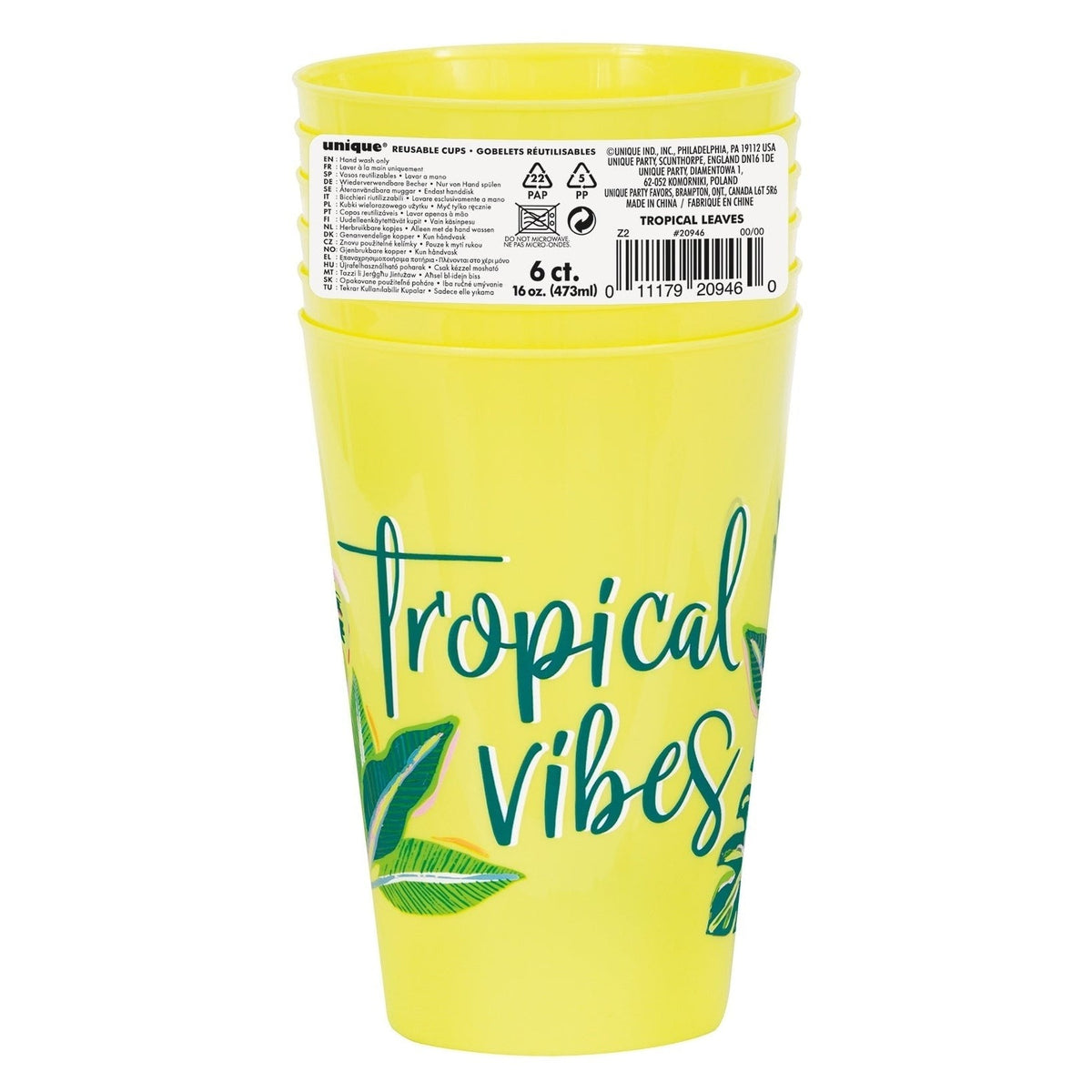 Cup - Plastic, Tropical Leaves, 16oz., 6 Count