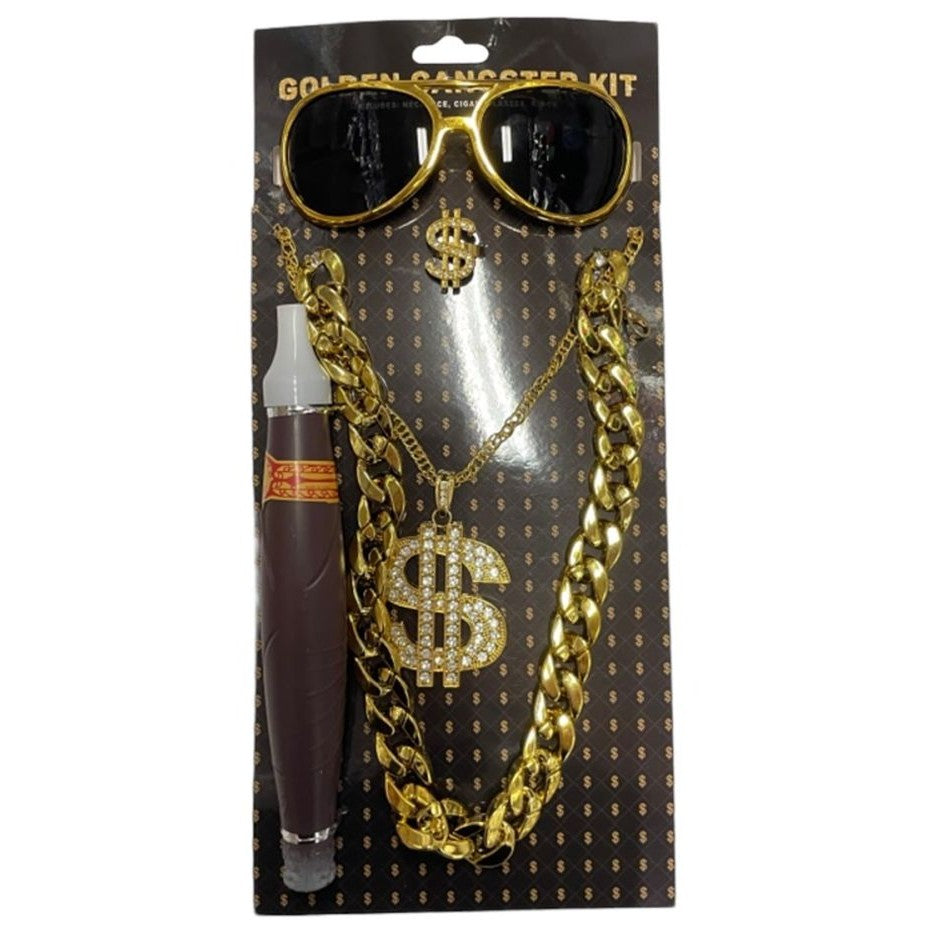 NEW: Gangster Gold Accessory Kit Glasses, Ring, 2 Necklaces, Cigar