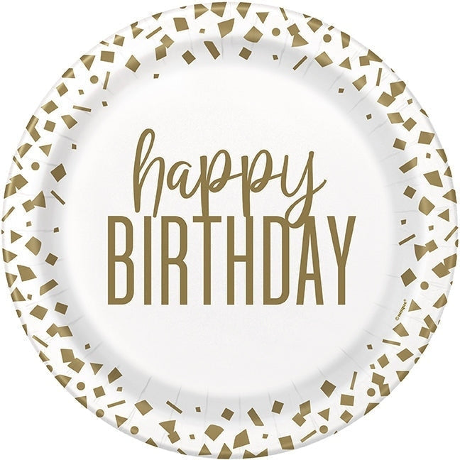 Confetti Gold Birthday Round 9" Dinner Plates, 8 Count