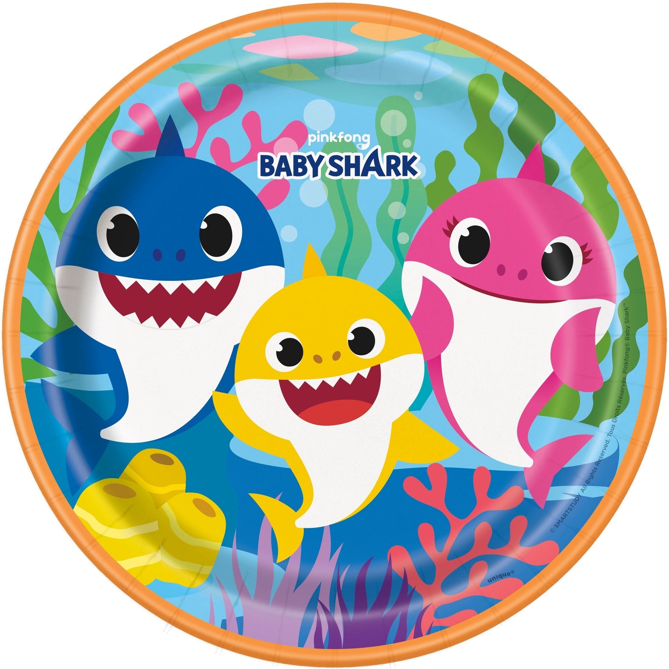 Colorful Baby Shark party plates featuring playful shark characters, perfect for any celebration from Pinkfong.