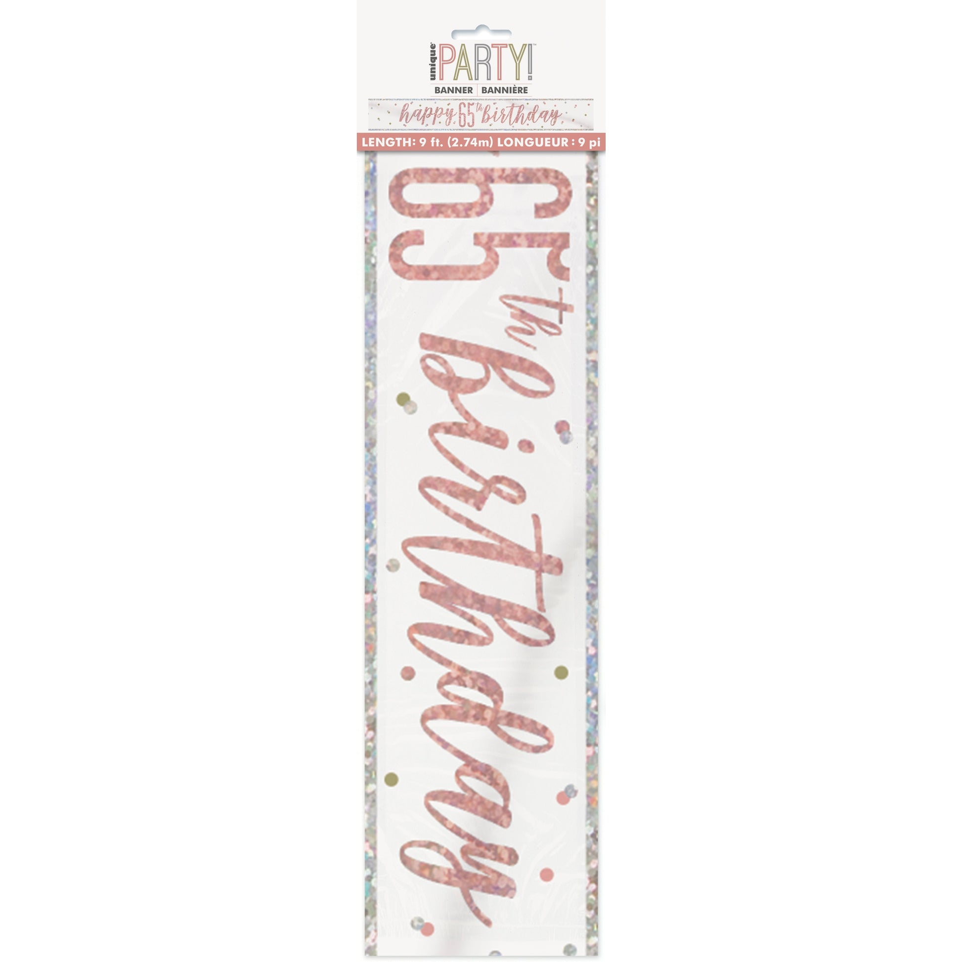 1 9' Glitz Rose Gold Foil Banner "Happy 65th Birthday"