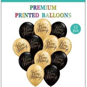 12 Premium Happy Birthday Gold & Black Balloons