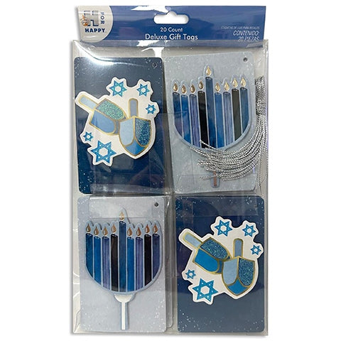 20 Pack Hanukkah Glitter Gift Tags with Tinsel String. 4 Assorted per Pack