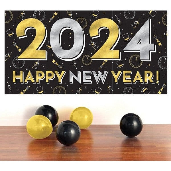 2024 New Year L Banner - Black, Silver, Gold
