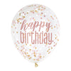 6 12" Clear Printed Rose Gold "Happy Birthday" Balloons with Confetti
