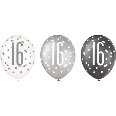 6 12" Glitz Black, Silver, & White Latex Balloons 16