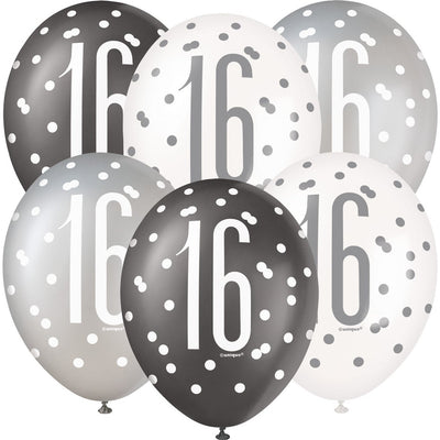 6 12" Glitz Black, Silver, & White Latex Balloons 16