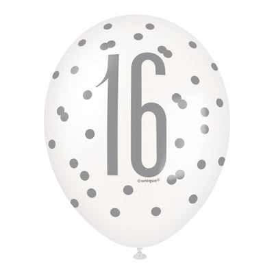 6 12" Glitz Black, Silver, & White Latex Balloons 16