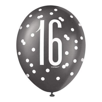 6 12" Glitz Black, Silver, & White Latex Balloons 16