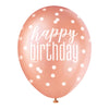 6 12" Glitz Rose Gold Latex Balloons "Happy Birthday"