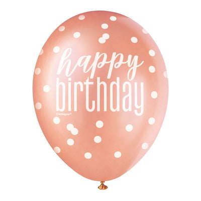 6 12" Glitz Rose Gold Latex Balloons "Happy Birthday"