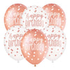 6 12" Glitz Rose Gold Latex Balloons "Happy Birthday"