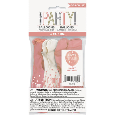 6 12" Glitz Rose Gold Latex Balloons "Happy Birthday"