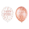 6 12" Glitz Rose Gold Latex Balloons "Happy Birthday"