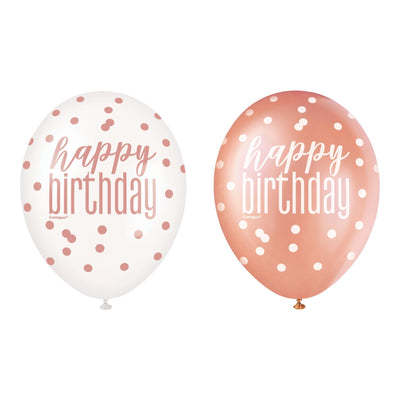 6 12" Glitz Rose Gold Latex Balloons "Happy Birthday"