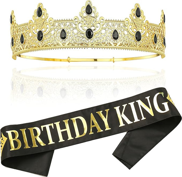Black and Gold Birthday King Sash & Crown Set