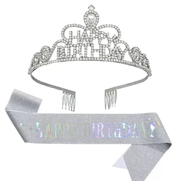 Happy Birthday Silver Crown and Tiara Set