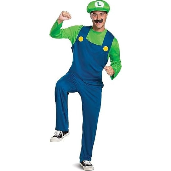 Adult Luigi Costume, Official Nintendo Super Mario Bros Luigi Adult Costume With Hat and Mustache, Size X-Large 42-46
