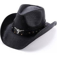 Black Cowboy Hat with Black Leather Band & Bull Head