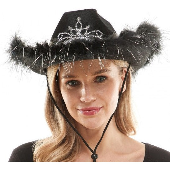 Black Cowboy Hat with Princess Crown and Marabou Trim