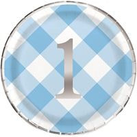 Blue Gingham 1st Birthday 9" Plates, 8 Count