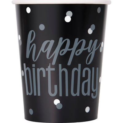 Cups - Paper, Black & Silver Glitz Happy Birthday 9oz, 8 Count