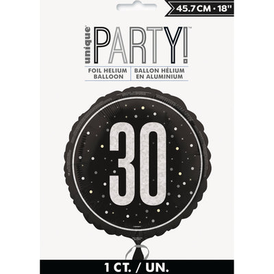 Foil Balloon - 30th Birthday, Glitz Black, 18"