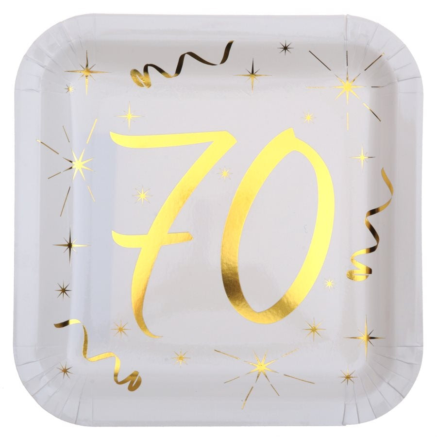 Gold & White 70th Square Dinner Plates, Set of 10