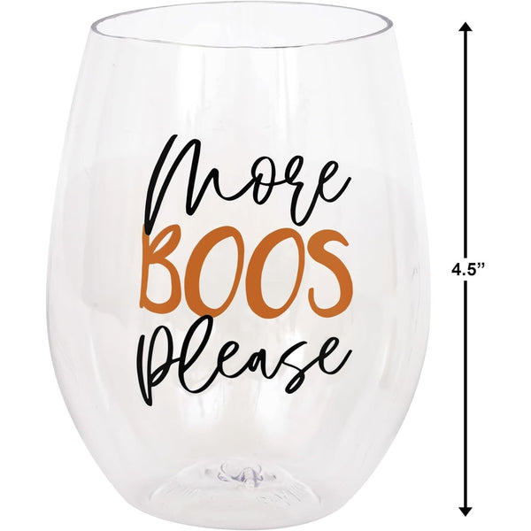 Halloween More Boos Please" Plastic Stemless Wine Glass I Pack of 1 - 15oz.