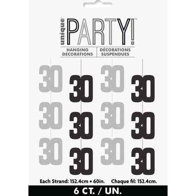 Hanging Decorations - Black & Silver Glitz 30th Birthday, 6 Count