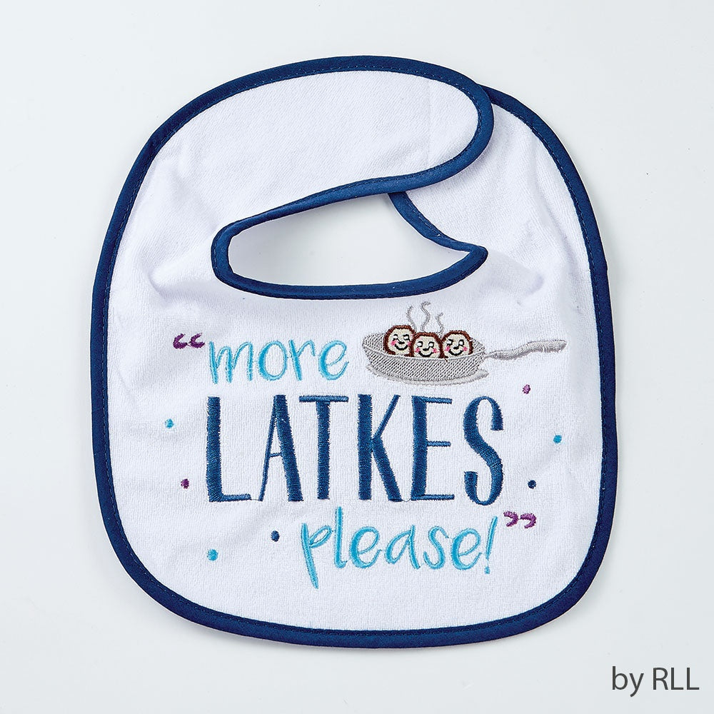 CHANUKAH BIB, 'MORE LATKES PLEASE', COTT/POLY,9'x11', CARD