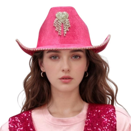 Rhinestone Heart & Trim Pink Velour Cowboy Hat
