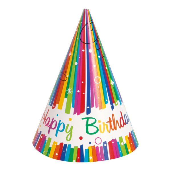 Hats - Party, Rainbow Ribbons, "Happy Birthday", 8 Count