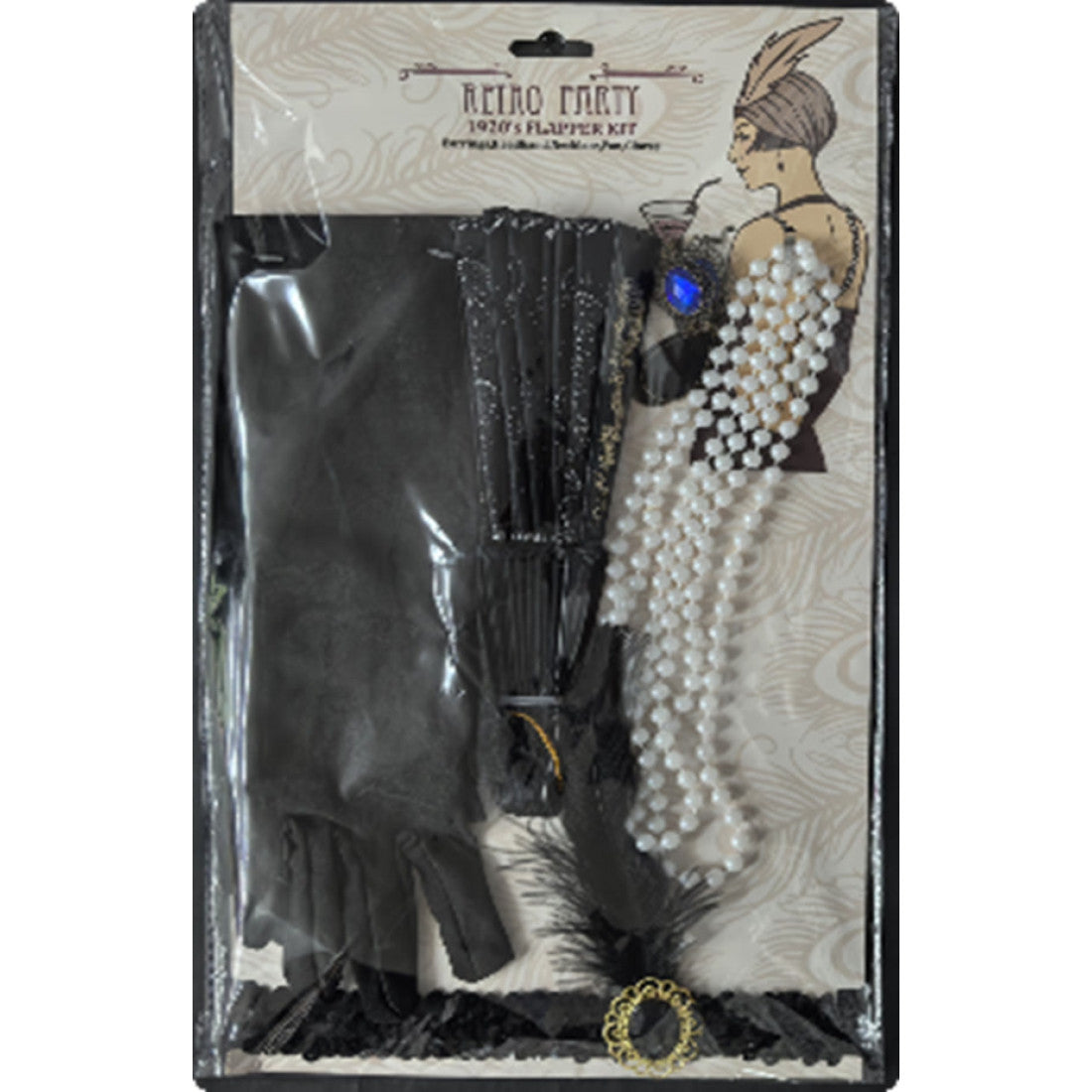 Black Flapper Kit with Headband, Earrings, Necklace, Fan, Gloves