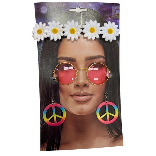 Groovy Hippie Accessory Kit, Includes Flower Headband, Rose-Coloured Glasses & Earrings