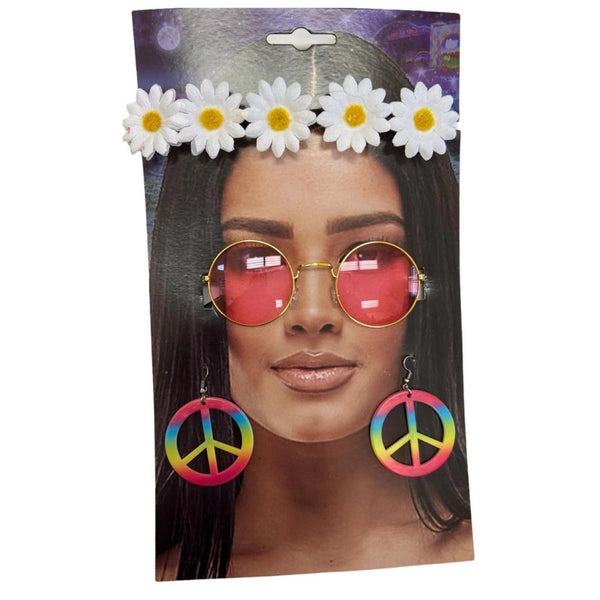 Groovy Hippie Accessory Kit, Includes Flower Headband, Rose-Coloured Glasses & Earrings