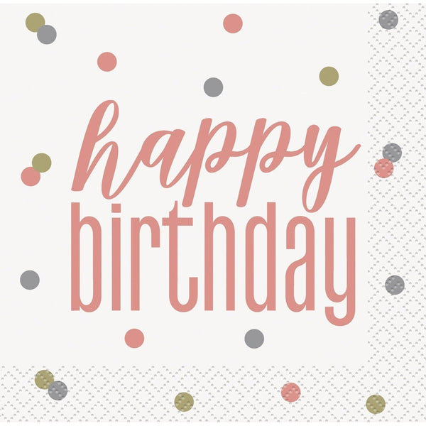 Napkins - Beverage, Rose Gold Glitz, "Happy Birthday", 16 Count