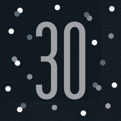 Napkins - Lunch, Black & Silver Glitz 30th Birthday