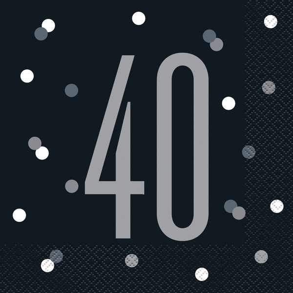 Napkins - Lunch, Black & Silver Glitz 40th Birthda