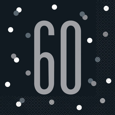 Napkins - Lunch, Black & Silver Glitz 60th Birthday