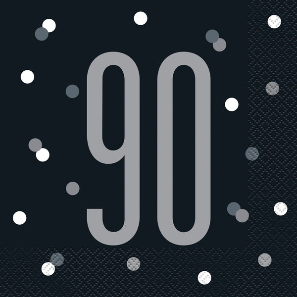 Napkins - Lunch, Happy 90th Birthday Black & Silver Glitz