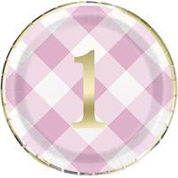 Pink Gingham 1st Birthday 9" Plates, 8 Count