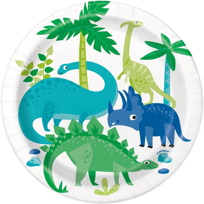 Plates - Dessert, Blue & Green, Dinosaur, Round, 7", 8 Count