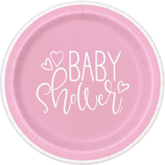 Plates - Dessert, Pink Hearts, Baby Shower, Round, 7", 8 Count