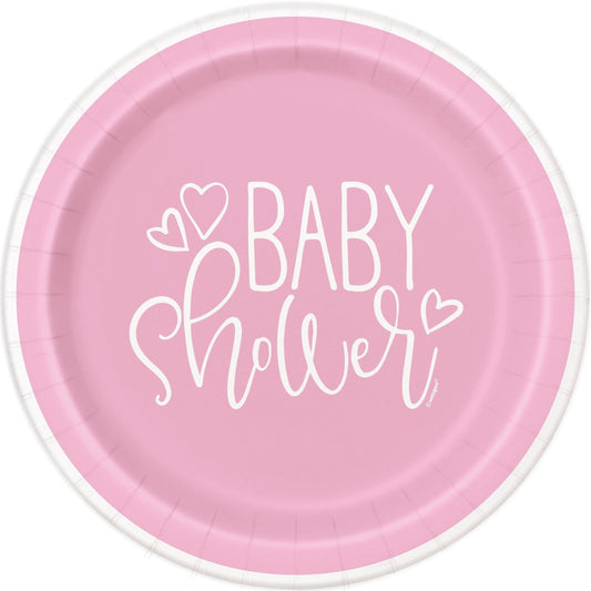 Plates - Dinner, Pink Hearts, Baby Shower, Round, 9", 8 Count