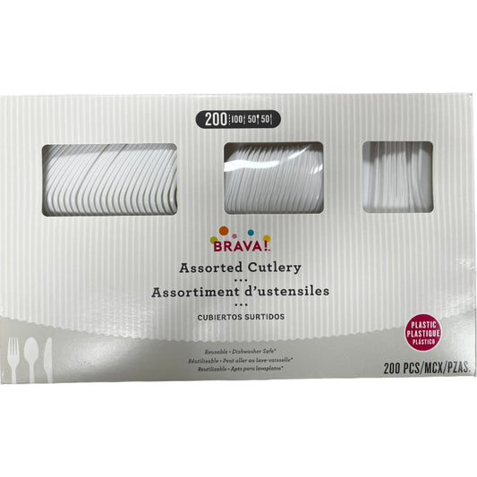 Reusable Plastic Cutlery Assortment, High Count - Frosty White, 200 Count