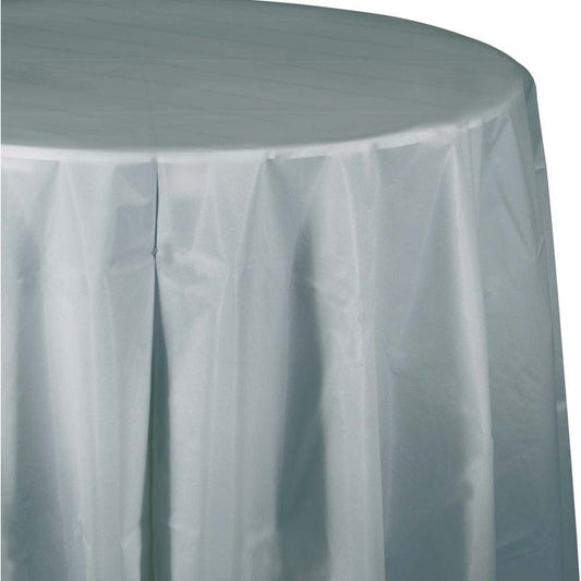 Shimmering Silver Plastic Octagon Round Table Cover - 82" 1CT