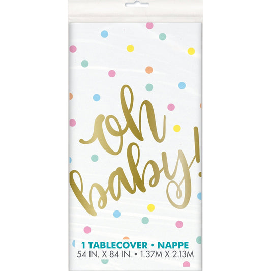 Table Cover - Plastic, Gold, Baby Shower, "Oh Baby", Rectangular, 54" x 84"